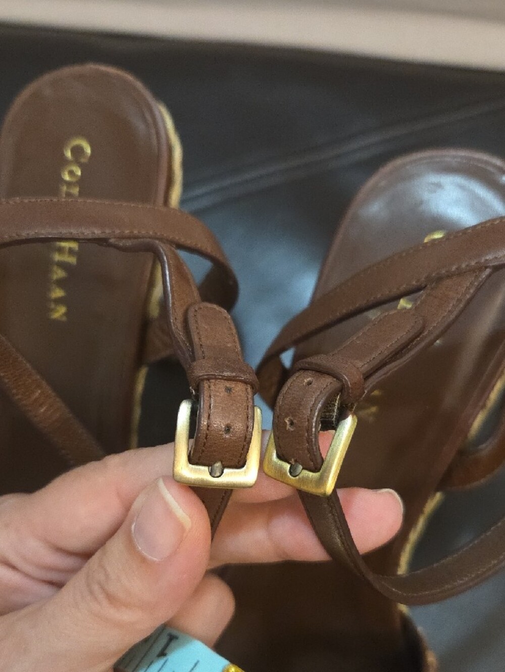 Cole Haan Vanessa Nike Air Brown Woven Leather Platform Heels Ankle Strap Sz 10 - Picture 9 of 13